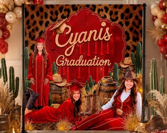 Red Cowgirl Graduation Banner: Cheetah Class 2026 Backdrop, Editable Digital Download - CHEE01