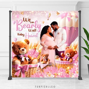 Pink Teddy Bear Banner, Hot Air Balloon Backdrop, Teddy Bear Wall Decor, Bearly wait Sign, Custom banner, File for self-printing - TDB04
