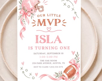 Our Little MVP Invitation, Pink Football First Birthday, Canva Template Download - AMF02
