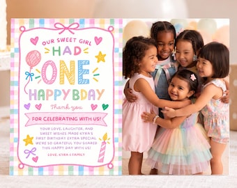 One Happy Year Photo Thank You Card, Colorful Birthday, Canva Template - FUN03