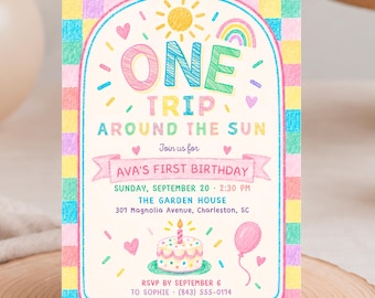 One Trip Around the Sun Birthday Invitation, Colorful Party, Canva Template, Digital Download - FUN02