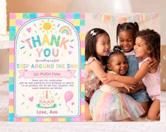 Trip Around the Sun Photo Thank You Card, First Birthday, Canva Template - FUN02