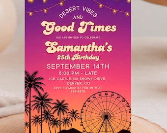 Desert Vibes Birthday Invitation, Music Festival Party, Canva Template Digital Download - DES01