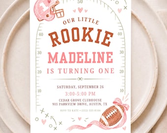 Little Rookie Birthday Invitation, Pink Football First Birthday, Canva Template Download - AMF04