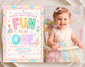 Fun to Be One Photo Invitation, Colorful First Birthday, Canva Template, Digital Download - FUN01