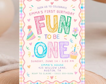 Fun to Be One Birthday Invitation, Colorful Gingham Party, Canva Template, Digital Download - FUN01