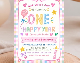 One Happy Year Birthday Invitation, Colorful Gingham Party, Canva Template, Digital Download - FUN03