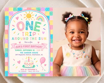 One Trip Around the Sun Photo Invitation, First Birthday, Canva Template, Digital Download - FUN02