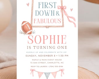 Pink Football First Birthday Invitation, Editable Canva Template (Digital Download) - AMF05