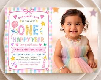 One Happy Year Photo Invitation, Colorful First Birthday, Canva Template, Digital Download - FUN03