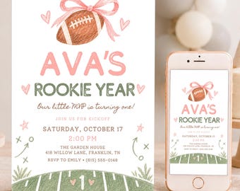 Rookie Year Birthday Invitation, Pink Football First Birthday, Canva Template Download - AMF03