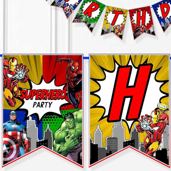 DIGITAL FILE | Superheroes Happy Birthday banner | Superheroes Pennant | Superheroes Birthday Party | Superheroes Flag banner | SH01