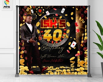 May include: A black and gold casino themed backdrop with a man in a black suit standing in front of a large gold 40th birthday sign. The backdrop is decorated with gold coins, playing cards, and poker chips.