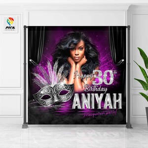 May include: A purple and black backdrop with a silver mask and the text "Happy 30th Birthday Aniyah Masquerade party!"