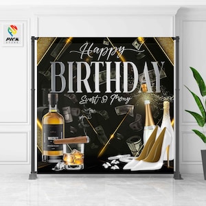 Puede incluir: Fondo negro y dorado con las palabras "Happy Birthday" y "Evert & Monay". El fondo presenta imágenes de botellas de champán, tacones altos, whisky, un cigarro y dinero.