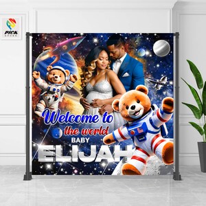 Sfondo per la doccia per bambini dell'astronauta dell'orsacchiotto, banner lunare, decorazione della parete stellata, banner personalizzato Galaxy, arazzo della NASA, SOLO FILE / TDB050