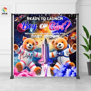 Sfondo dell'astronauta dell'orsacchiotto Gender Reveal, banner lunare, decorazione della parete stellata, banner personalizzato Galaxy, arazzo della NASA, SOLO FILE / TDB052