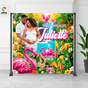 Sfondo di fenicotteri rosa, banner per baby shower sulla spiaggia, decorazioni murali tropicali, banner personalizzato hawaiano, arazzo Aloha, SOLO FILE DIGITALE / SM18