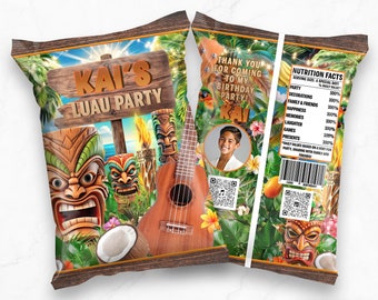 May include: A colorful chip bag with a luau party theme. The bag features a wooden sign with the text "Kai's Luau Party", a ukulele, tropical plants, and a photo of a boy. The back of the bag has a nutrition facts label with a fun, playful design.