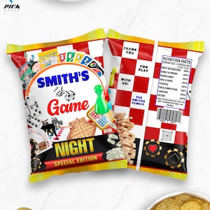 Game Night Chip bag wrapper Board Games Snack bag  Tabletop Games Custom bag Cards game Wrapper Poker Night Party favor bags DIY FILE | GN01
