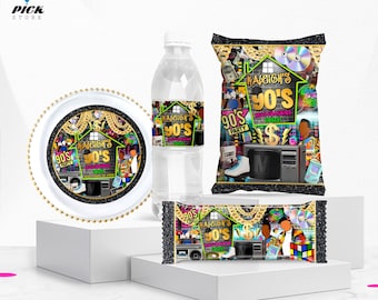 90s Party Decorations Bundle: Chips, Bottle, Candy, Plate (Digital Download) - HP03