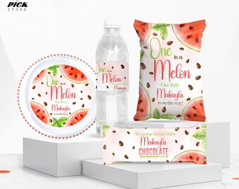 May include: Watermelon-themed baby shower party supplies, including a plate, water bottle label, snack bag, and chocolate bar wrapper. The design features a watermelon with seeds, green leaves, and the text "One in a Melon, Our sweet Makayla is on the way!"