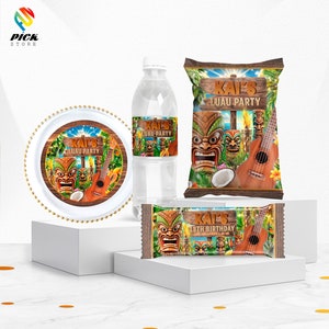 May include: A set of luau party supplies featuring a white plate with a luau themed design, a clear plastic water bottle with a luau themed label, a bag of crisps with a luau themed design, and a chocolate bar with a luau themed design. The designs feature a tiki mask, a ukulele, and a coconut.