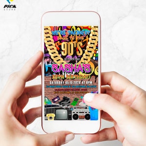 Puede incluir: Una invitación digital para una fiesta de cumpleaños número 25 con temática de los 90. La invitación presenta una cadena de oro, grafitis y un fondo colorido. El texto dice "We're taking it back to the 90's celebrating Sasha's 25th Birthday! Saturday 05.15.2024 at 6pm 123 Main Street House NH 435 Anytown, USA 12345 Please RSVP by April 30th with Maryanne at 1234567890"