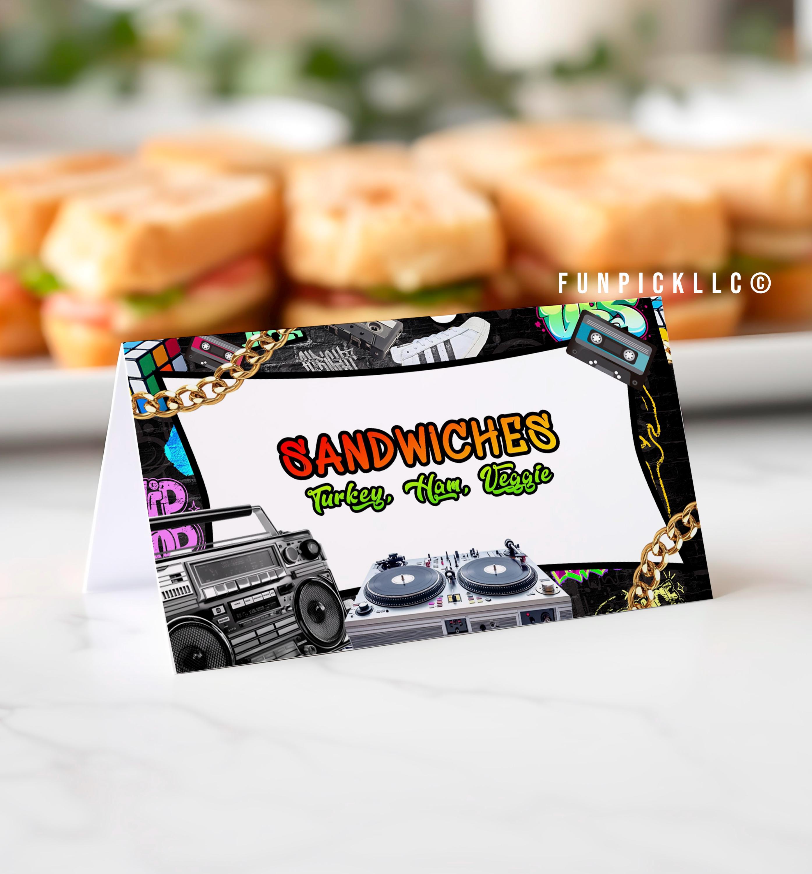 90s Party Food Tent Label: Throwback Theme Place Card (digital