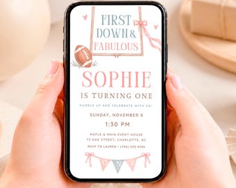 First Down Phone Invitation, Pink Football First Birthday, Canva Template Download - AMF05