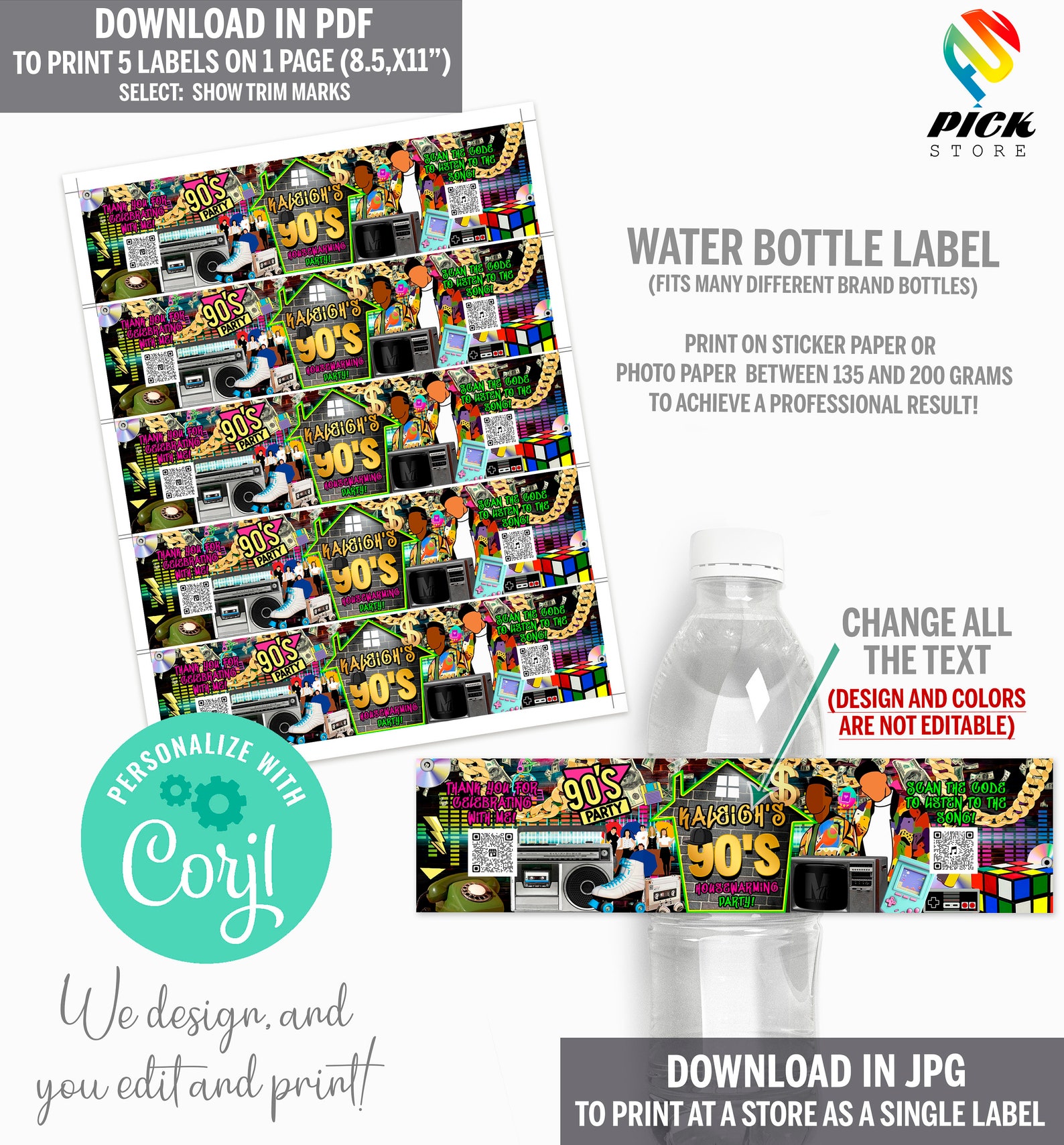 90s Party Water Bottle Label: Throwback Theme (digital Download) - HP03 ...