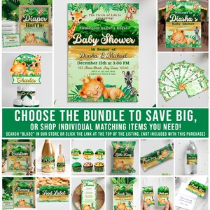 various baby shower items and decorations, including a diaper raffle, a welcome sign, a baby shower invitation, and a baby shower gift bag.