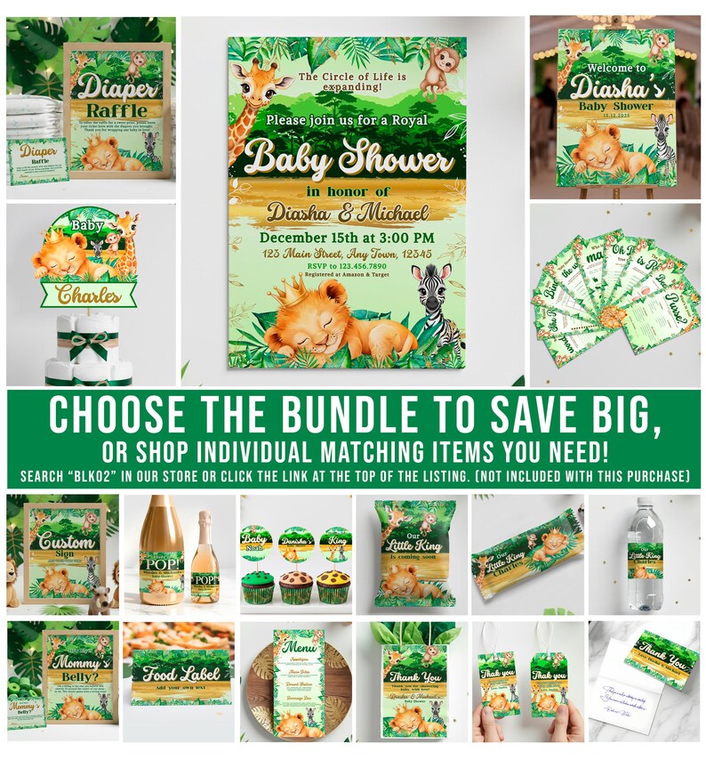 various baby shower items and decorations, including a diaper raffle, a welcome sign, a baby shower invitation, and a baby shower gift bag.