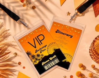 Music Festival VIP Pass: Desert Vibes Sunset Itinerary Lanyard Badge, Canva Template (Digital Download) - COA06
