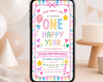 One Happy Year Phone Invitation, Colorful First Birthday, Canva Template, Digital Download - FUN03