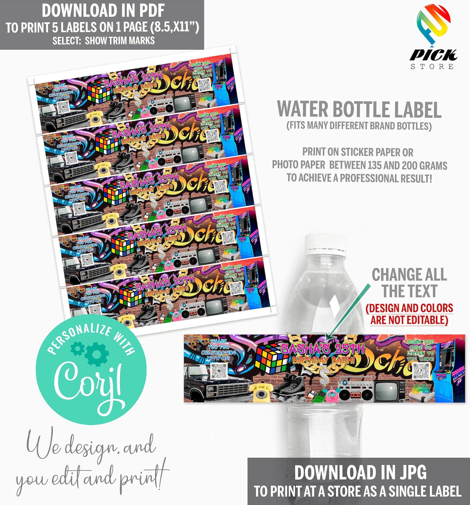 90s Birthday Party Water Bottle Label: Throwback Design (DIY Digital ...