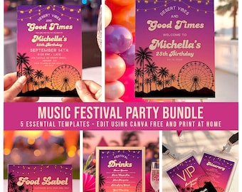 Music Festival Party Bundle: Desert Vibes Birthday Kit For Adults, Canva Template (Digital Download) COA01