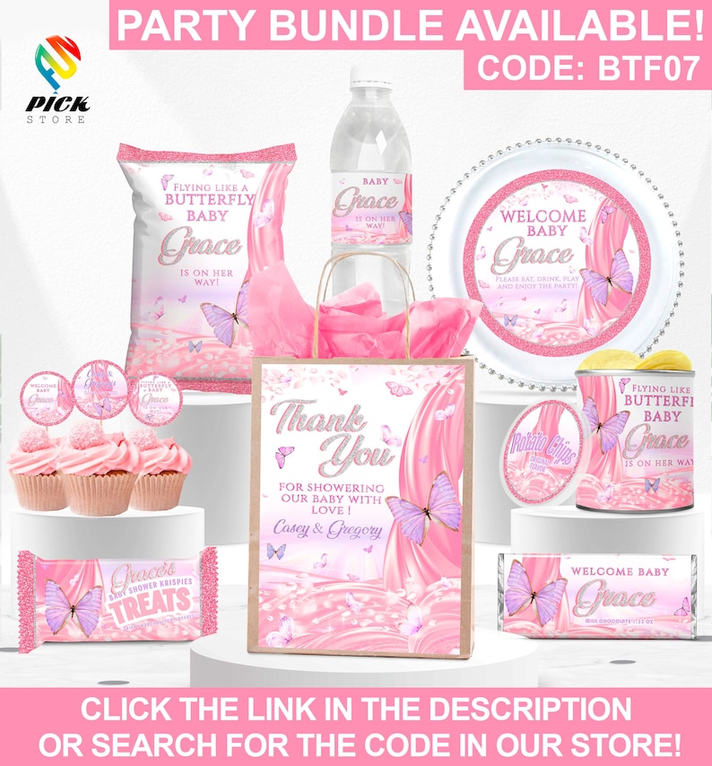 a pink birthday party package with a pink butterfly theme