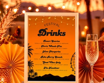 Music Festival Party Menu: Desert Vibes Sunset Dinner Cards, Canva Template (Digital Download) - COA06