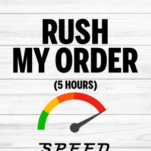 Może przedstawiać: Białe drewniane tło z czarnym tekstem, który brzmi "Rush My Order (5 Hours)". Czerwony, pomarańczowy, żółty i zielony prędkościomierz z czarną wskazówką wskazującą na czerwoną sekcję. Tekst "SPEED" znajduje się pod prędkościomierzem.