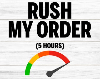 May include: A white wood background with black text that reads "Rush My Order (5 Hours)". A red, orange, yellow, and green speedometer with a black needle pointing to the red section. The text "SPEED" is below the speedometer.