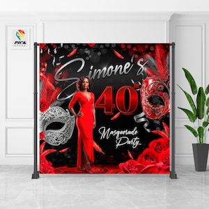 Puede incluir: Un telón de fondo de fiesta de máscaras negro y rojo con una mujer con un vestido rojo y el texto "Simone's 40th Masquerade Party".