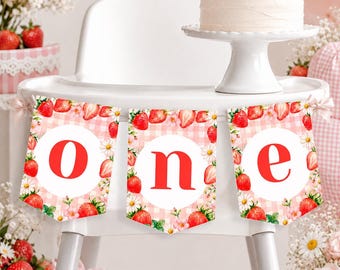 Strawberry High Chair Banner: Berry Sweet First Birthday Girl, Editable Template (Digital Download) - FRU06