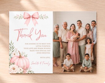 Pink Pumpkin Baby Shower Thank You Card, Floral Bow, Editable Photo Template (Digital Download) - AUT21