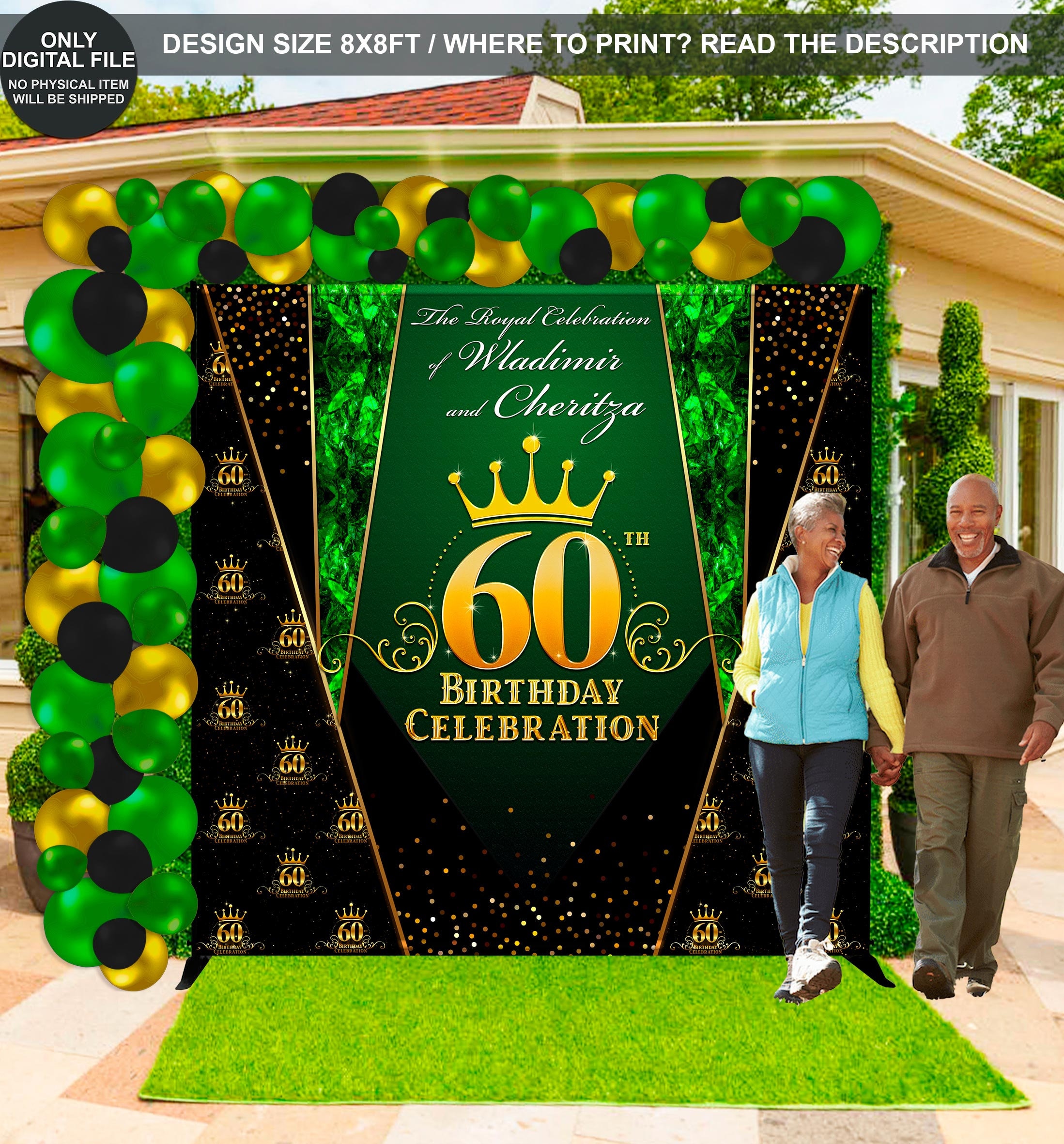 60th Birthday Backdrop: Emerald Green & Gold Celebration (digital
