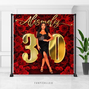 Banner digital de rosas rojas de lujo / Fondo rojo y dorado / Decoración de cumpleaños con rosas / Ramo de rosas para fiesta / Banner fotográfico personalizado / ROS01