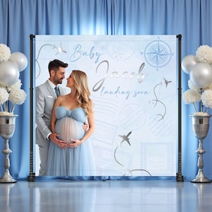 Toile de fond pour baby shower de voyage, bannière personnalisée passeport, bannière avion, décoration nuages ciel, toile de fond photo, fichier numérique uniquement, TRV03