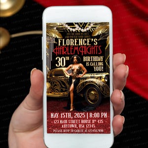 Puede incluir: Un smartphone muestra una invitación digital para la fiesta de 30 cumpleaños "Florence's Harlem Nights". El diseño presenta a una mujer con un vestido dorado, un coche antiguo y texto con la fecha, hora e información de RSVP.