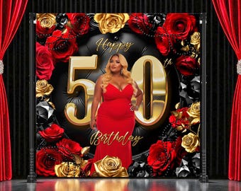 Luxury Red Roses Birthday Banner: Custom Photo, Gold Accents (Digital Download) - ROS10