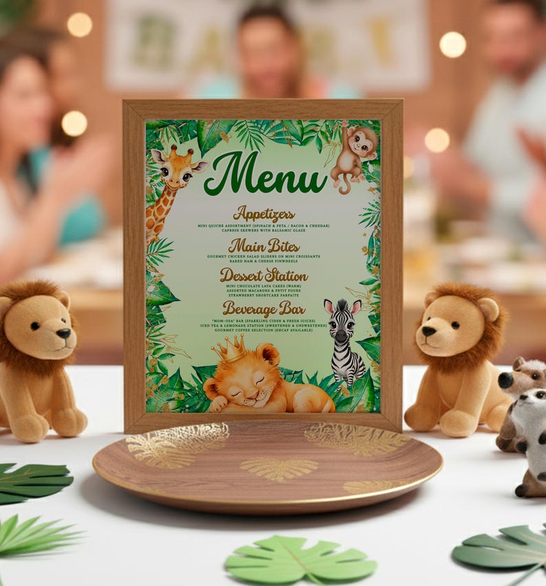 A framed menu with a jungle-themed design, featuring illustrations of animals such as a giraffe, lion, and zebra, is displayed on a table surrounded by stuffed animals.